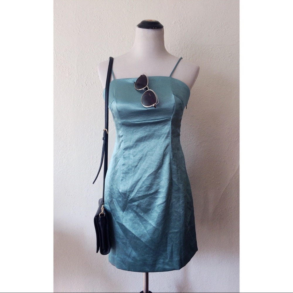 F21 teal silky 90’s spaghetti strap mini dress